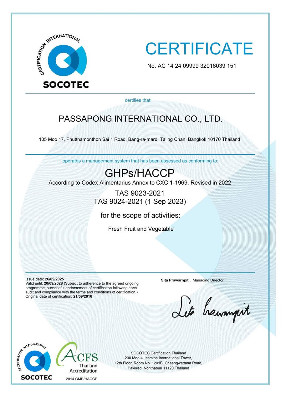 SOCOTEC GHPs / HACCP certificate for Passapong International