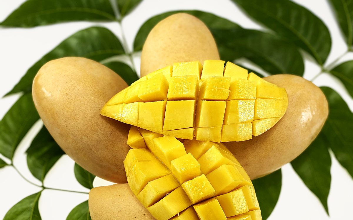 Nam Dok Mai mangoes, whole and hedgehog-cut, on leaves